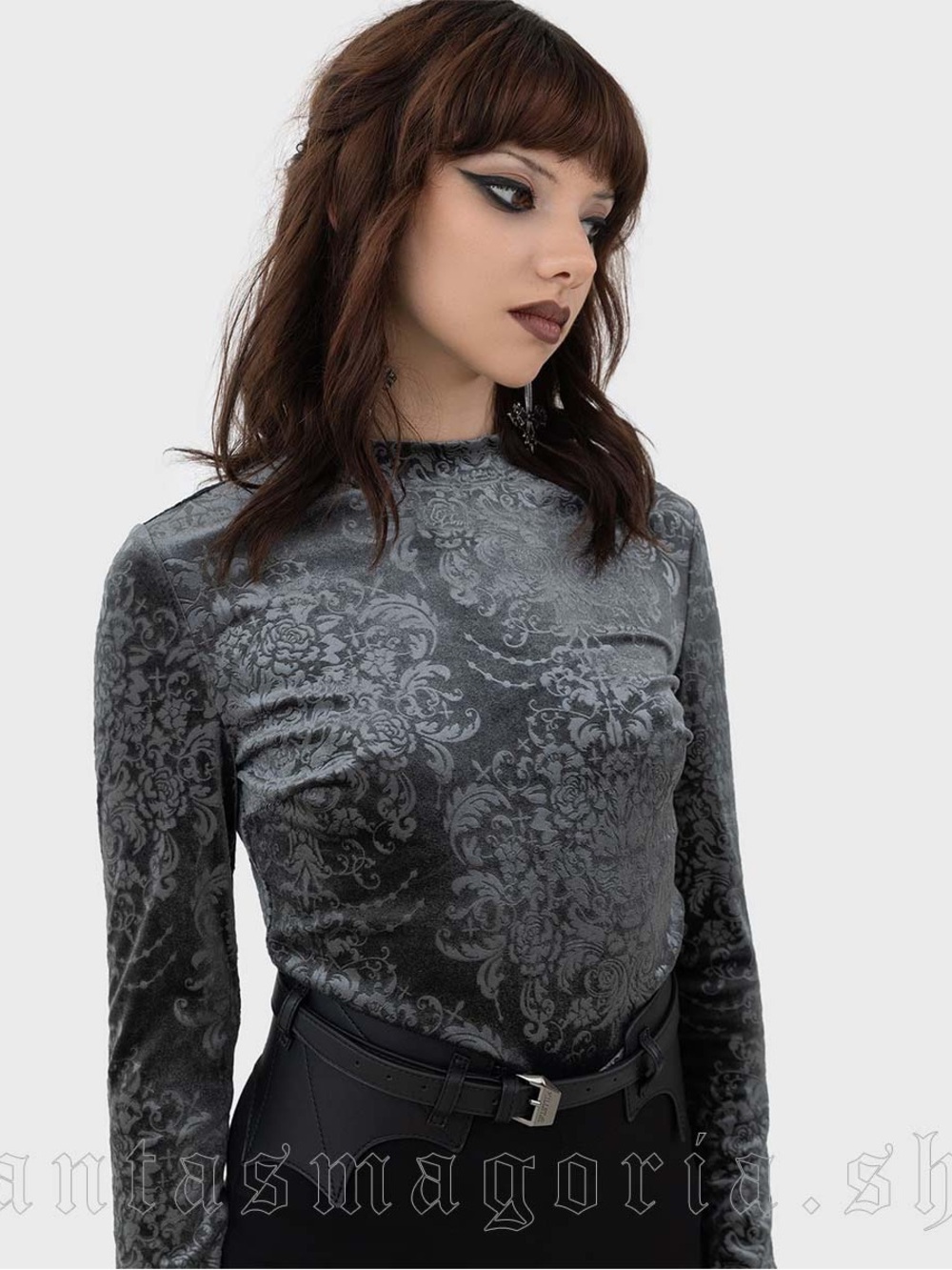 Killstar Vigil Crop Top Womens Medium Charcoal Damask Long Sleeve Whimsigoth